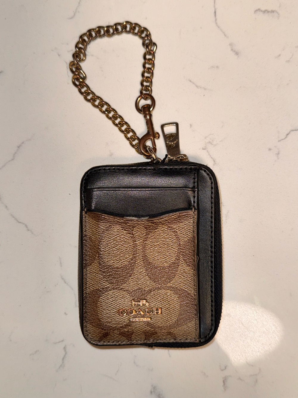 Coach Signature Zip Card Case ID Wallet Chain Brown Black